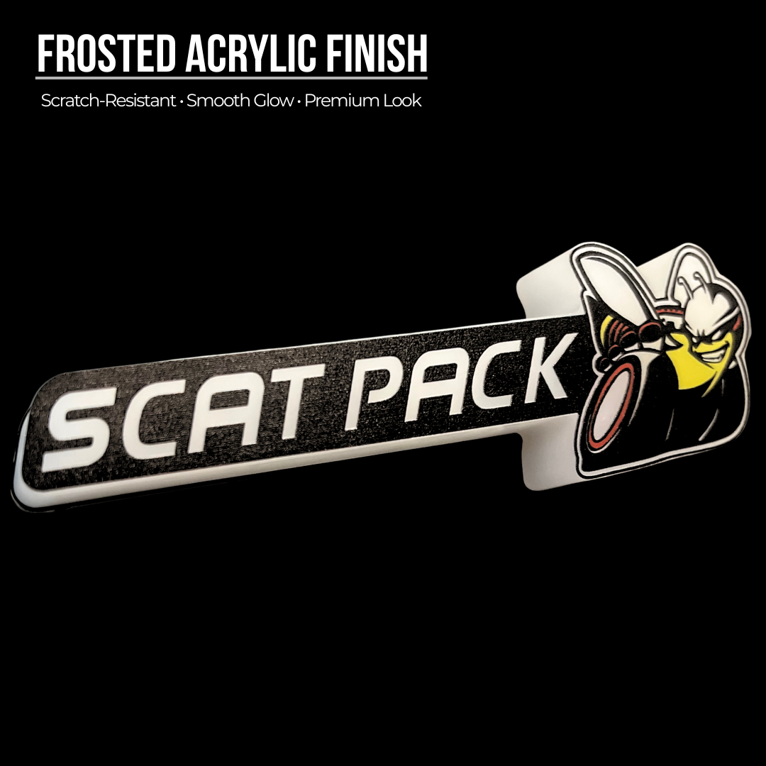 Closeup of frosted acrylic faceplate on SRT Scat Pack LED emblem