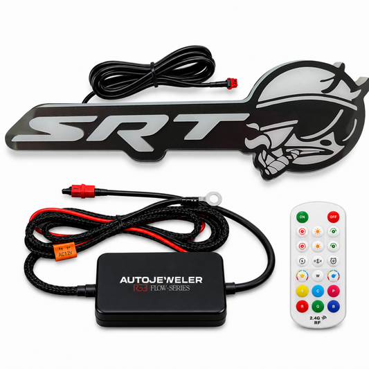 SRT Smoking Bee LED Emblem RGB Flow Series package contents showing illuminated grille badge, AutoJeweler RGB controller, wiring harness, and RF remote control.