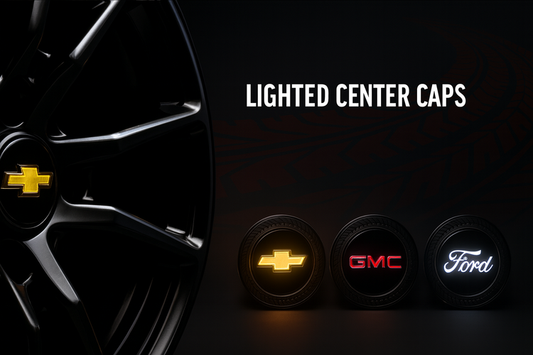 Lighted center caps collection—gloss black caps with illuminated logos
