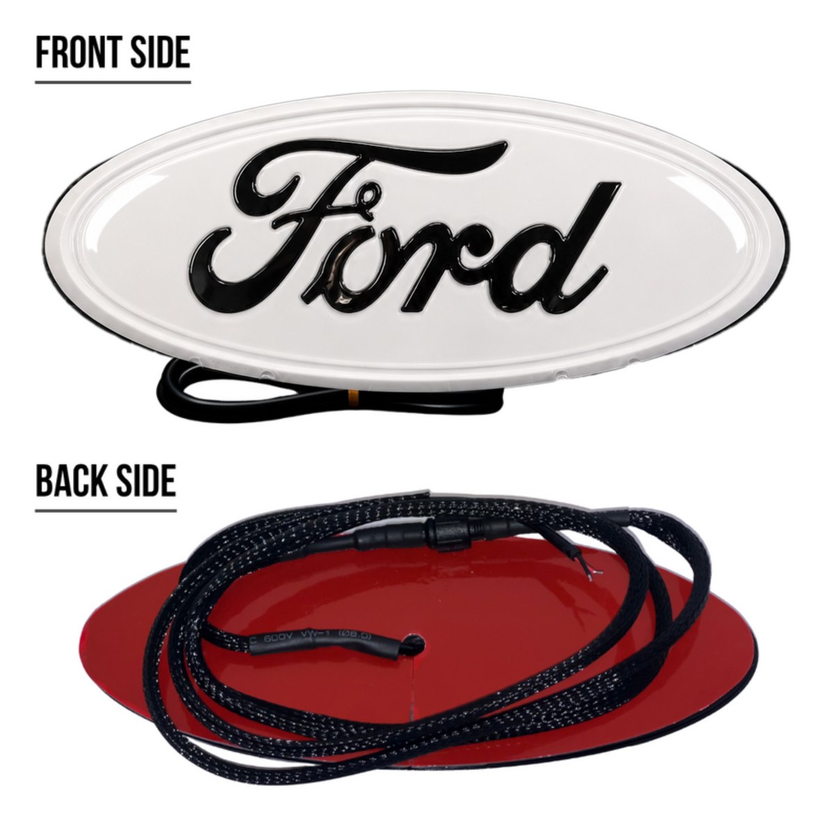 AutoJeweler Front and back view of the custom painted white Ford 9-inch dynamic LED badge showing the black script, rear housing, and power wiring.