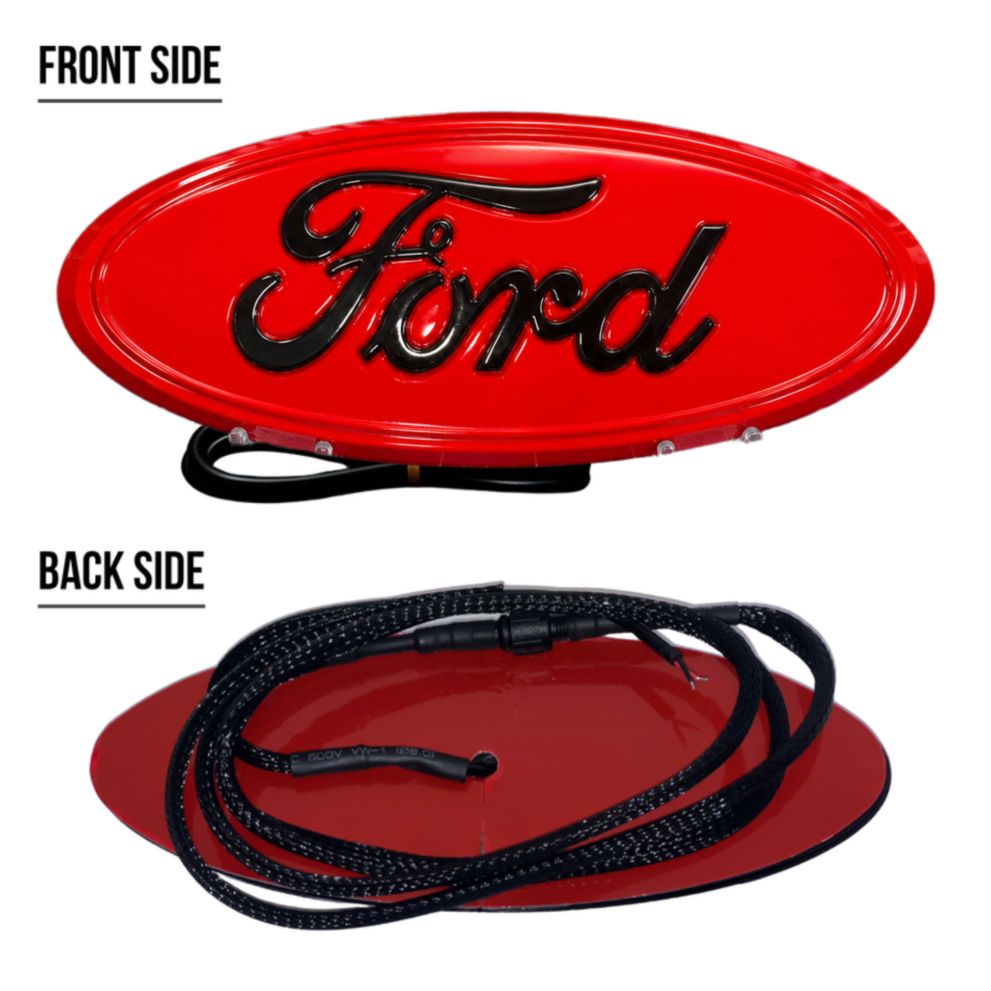 AutoJeweler Front and back view of the custom painted red Ford 9-inch dynamic LED badge showing the black script, rear housing, and power wiring.