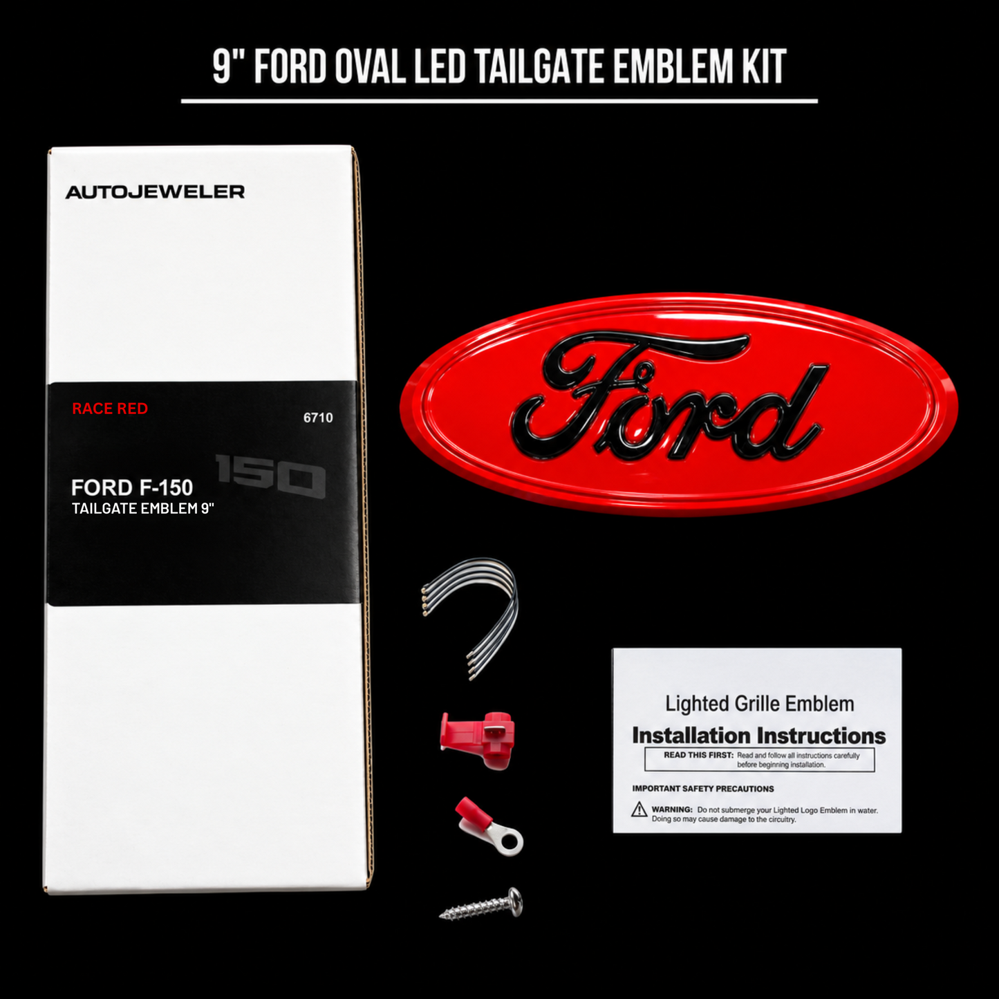 Race Red Ford 9-inch dynamic LED tailgate badge kit with badge, wiring, connectors, mounting hardware, installation instructions, and AutoJeweler packaging.