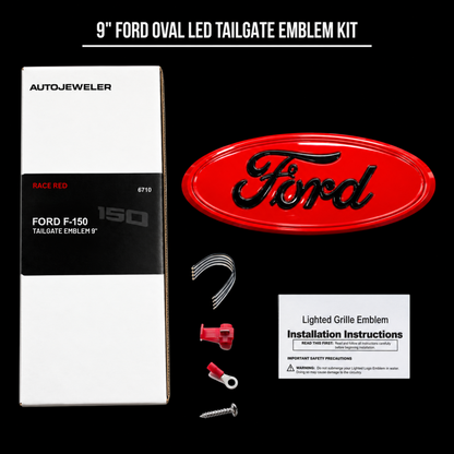 Race Red Ford 9-inch dynamic LED tailgate badge kit with badge, wiring, connectors, mounting hardware, installation instructions, and AutoJeweler packaging.