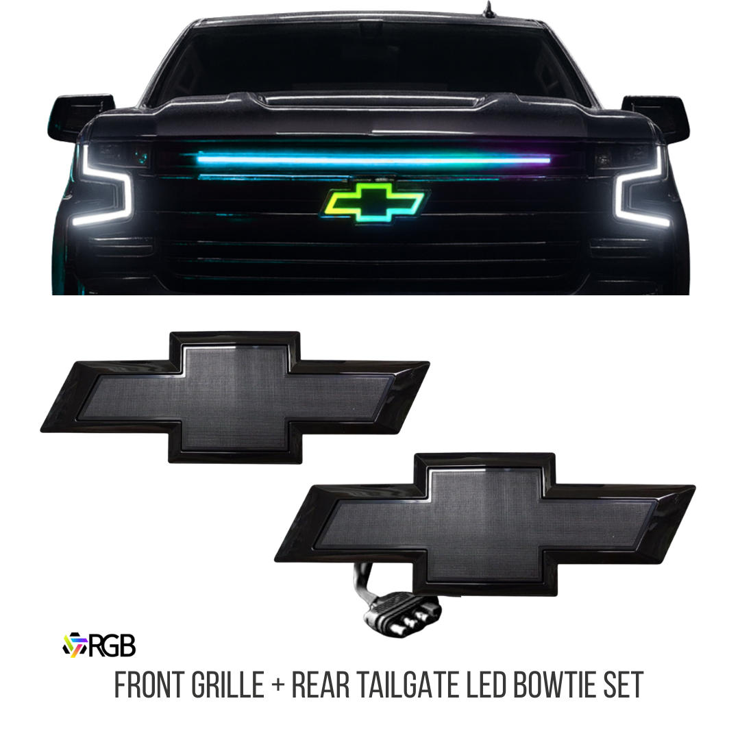 2014–2019 Chevy Silverado RGB Grille Bowtie + LED Tailgate Bowtie Emblem Bundle (Black)
