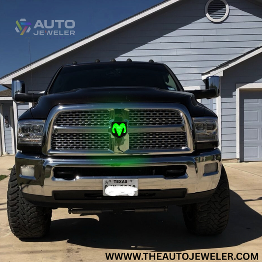 Customer-installed black RGB illuminated RAM grille emblem on 2009–2018 RAM truck, photo review- AutoJeweler