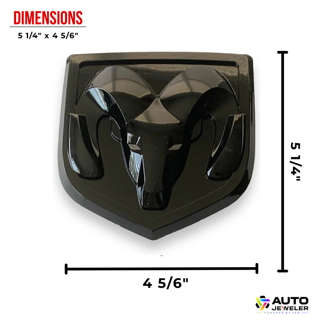 Dimensions of black LED RAM grille emblem 5 1/4 by 4 5/6 inches