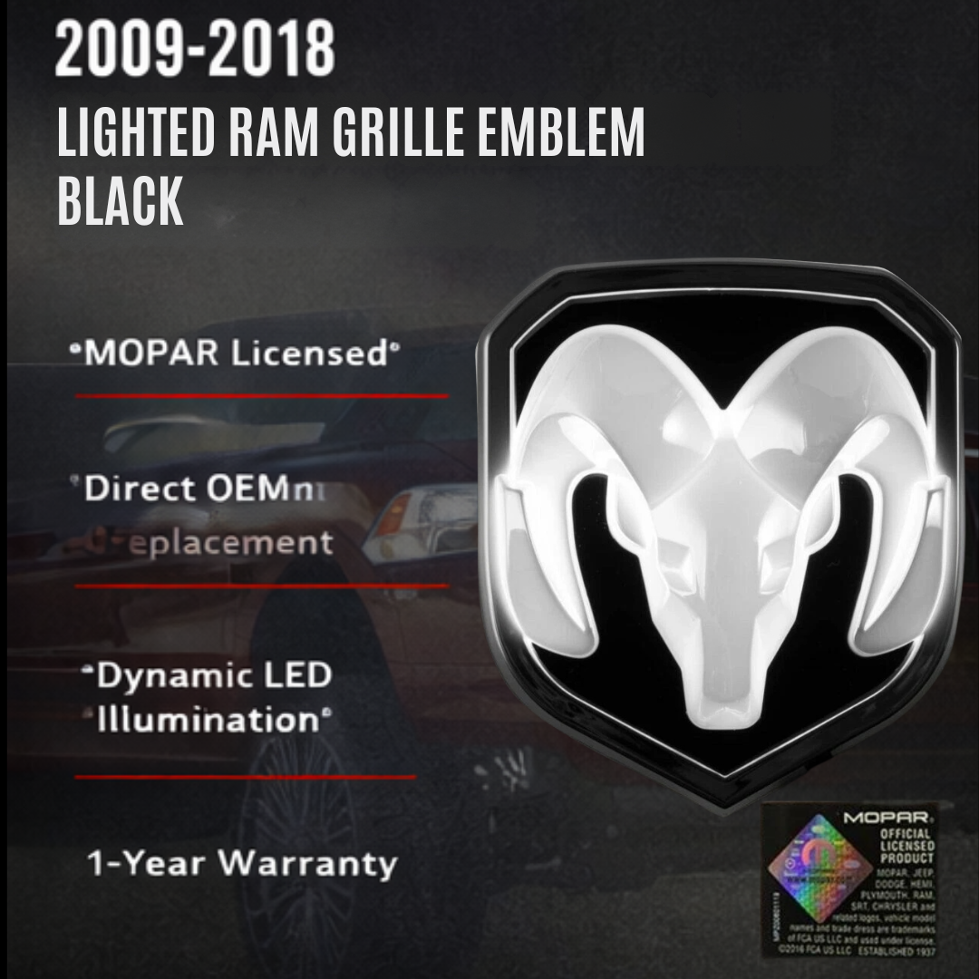 2009–2018 RAM LED grille emblem black with MOPAR licensed features and OEM replacement design