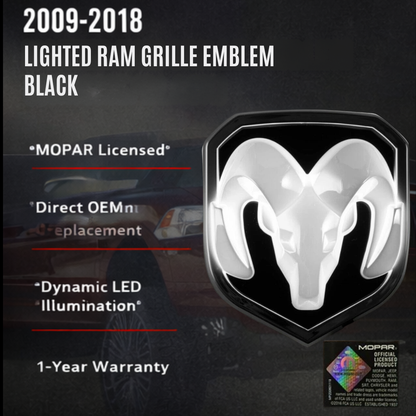 2009–2018 RAM LED grille emblem black with MOPAR licensed features and OEM replacement design