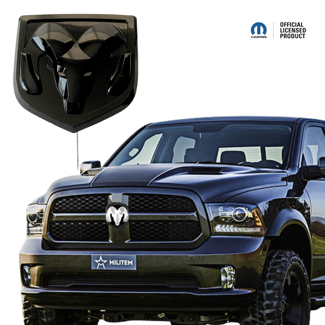 Black LED RAM grille emblem installed on lifted RAM truck