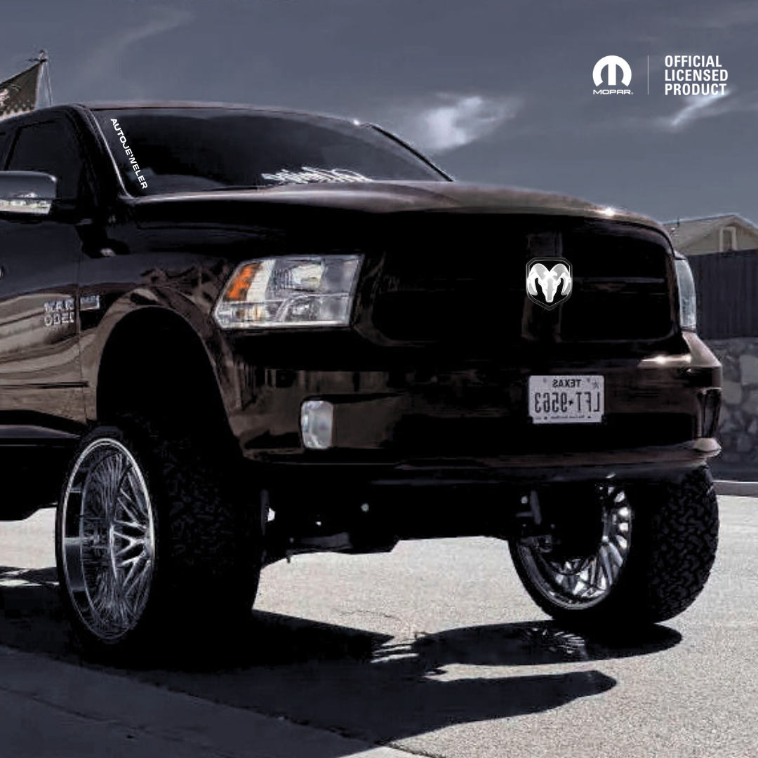 2009–2018 RAM LED grille emblem in black installed on truck front grille