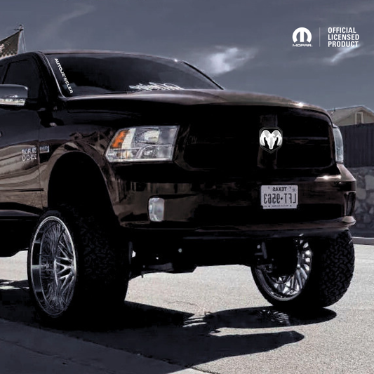 2009–2018 RAM LED grille emblem in black installed on truck front grille