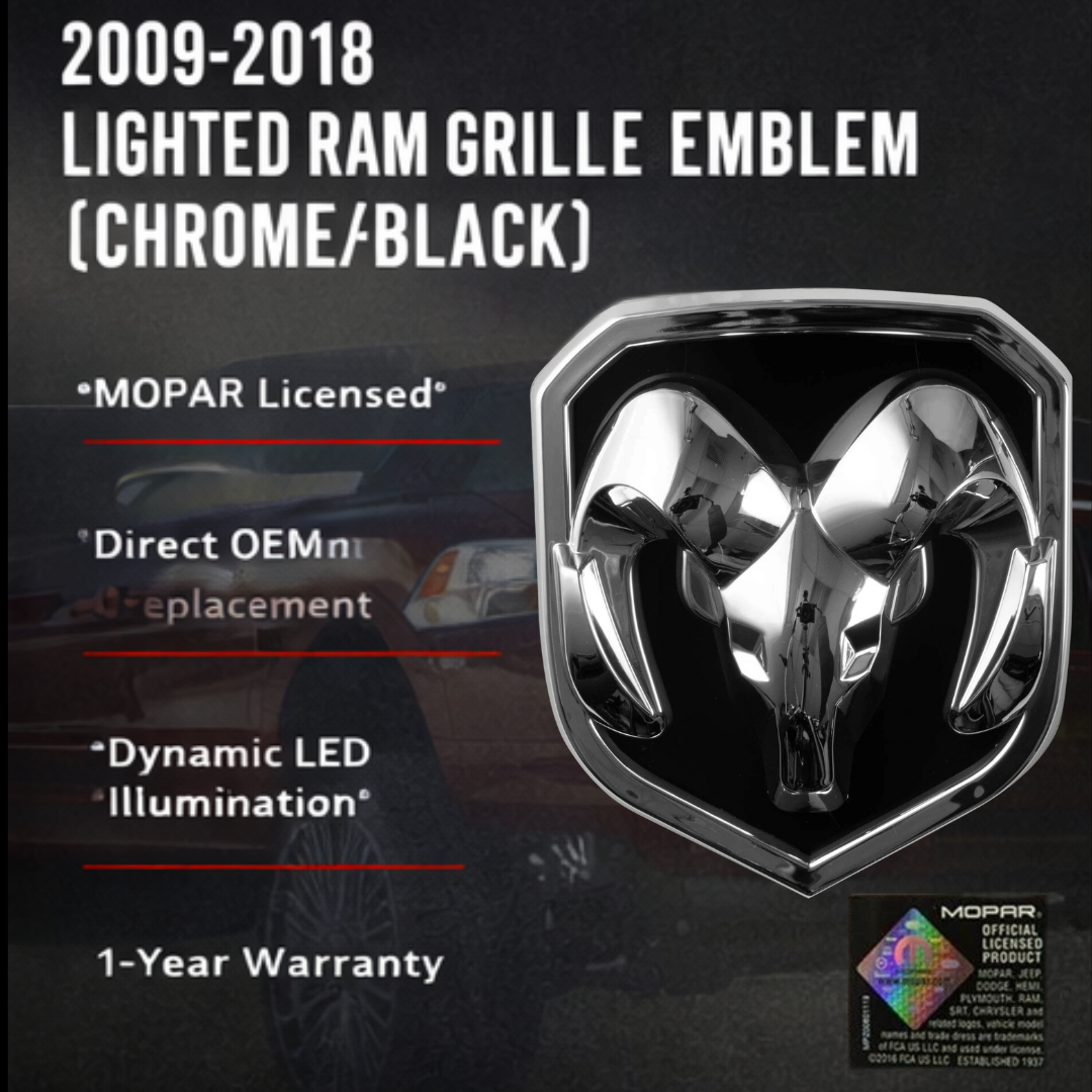 2009–2018 RAM LED grille emblem chrome black with MOPAR licensed features and OEM replacement design