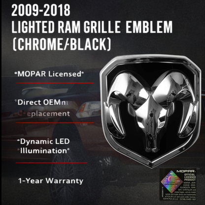2009–2018 RAM LED grille emblem chrome black with MOPAR licensed features and OEM replacement design