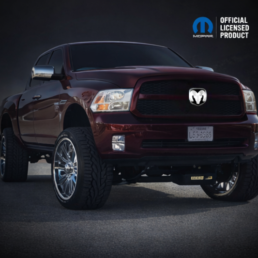 2009–2018 RAM LED grille emblem chrome and black installed on truck front grille, MOPAR licensed