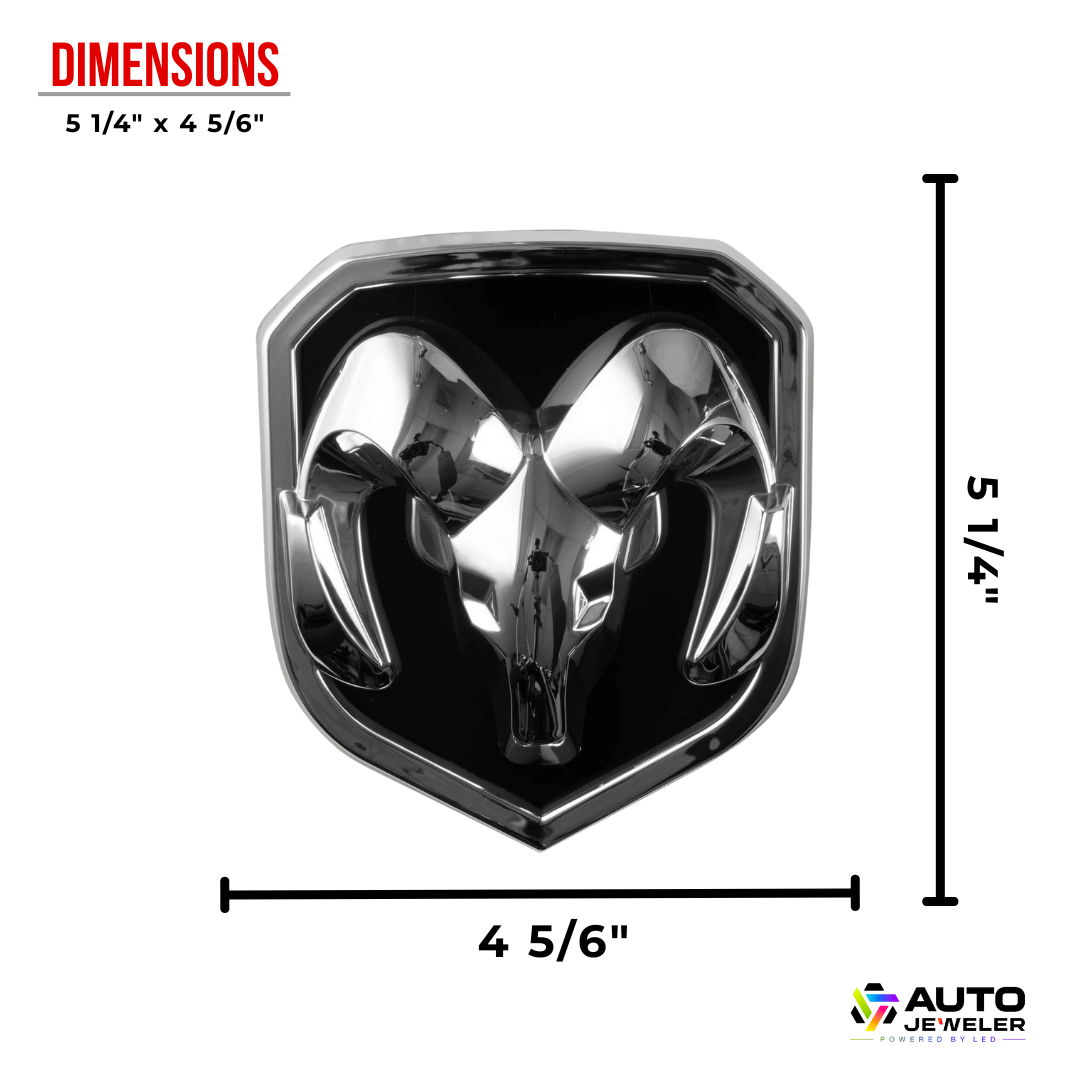 2009–2018 RAM LED grille emblem dimensions diagram showing width and height measurements