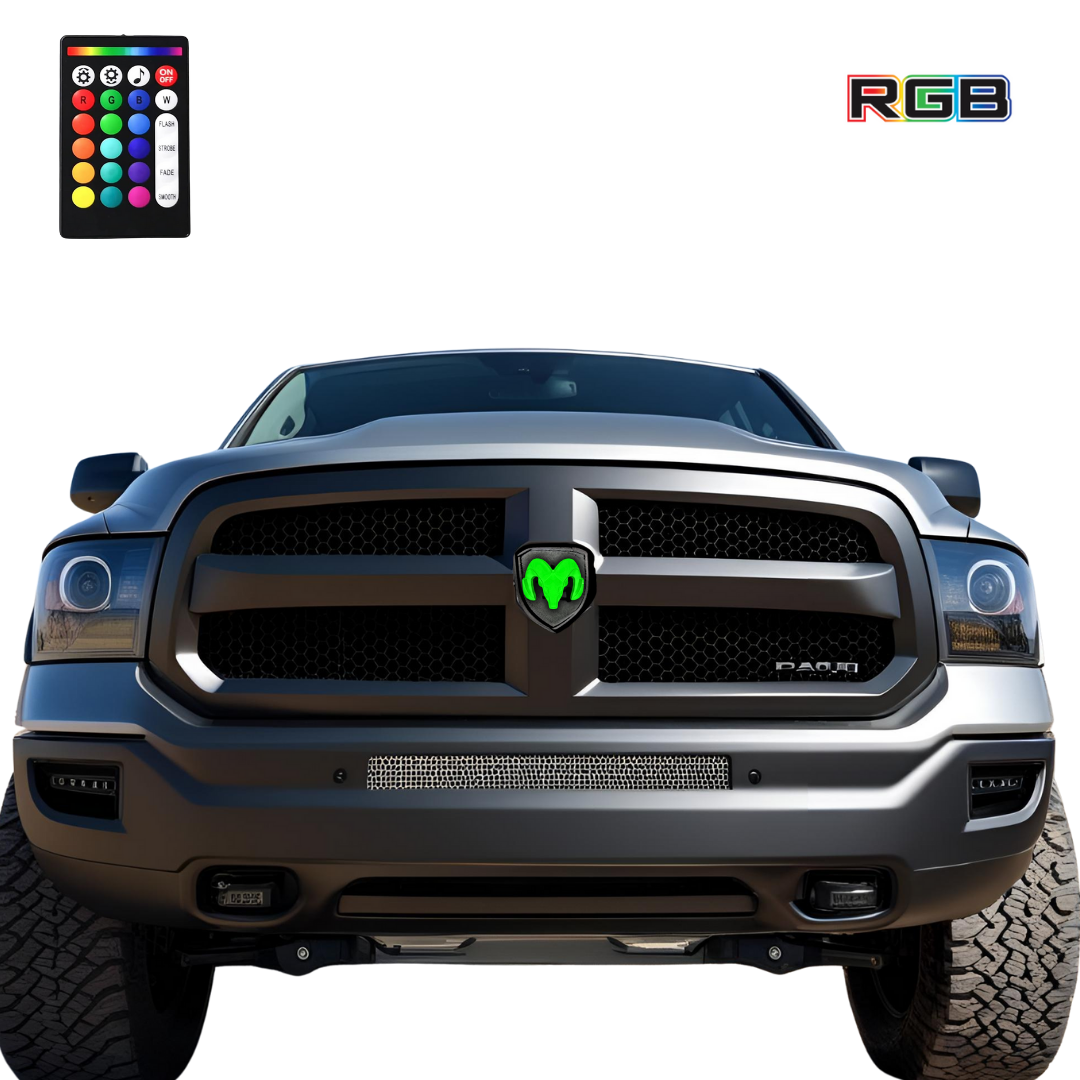 2009–2019 RAM truck with installed black RGB lighted grille emblem glowing green, shown with remote and RGB logo on white background
