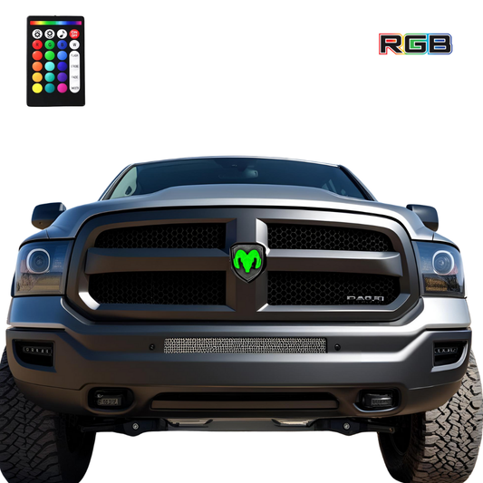 2009–2019 RAM truck with installed black RGB lighted grille emblem glowing green, shown with remote and RGB logo on white background