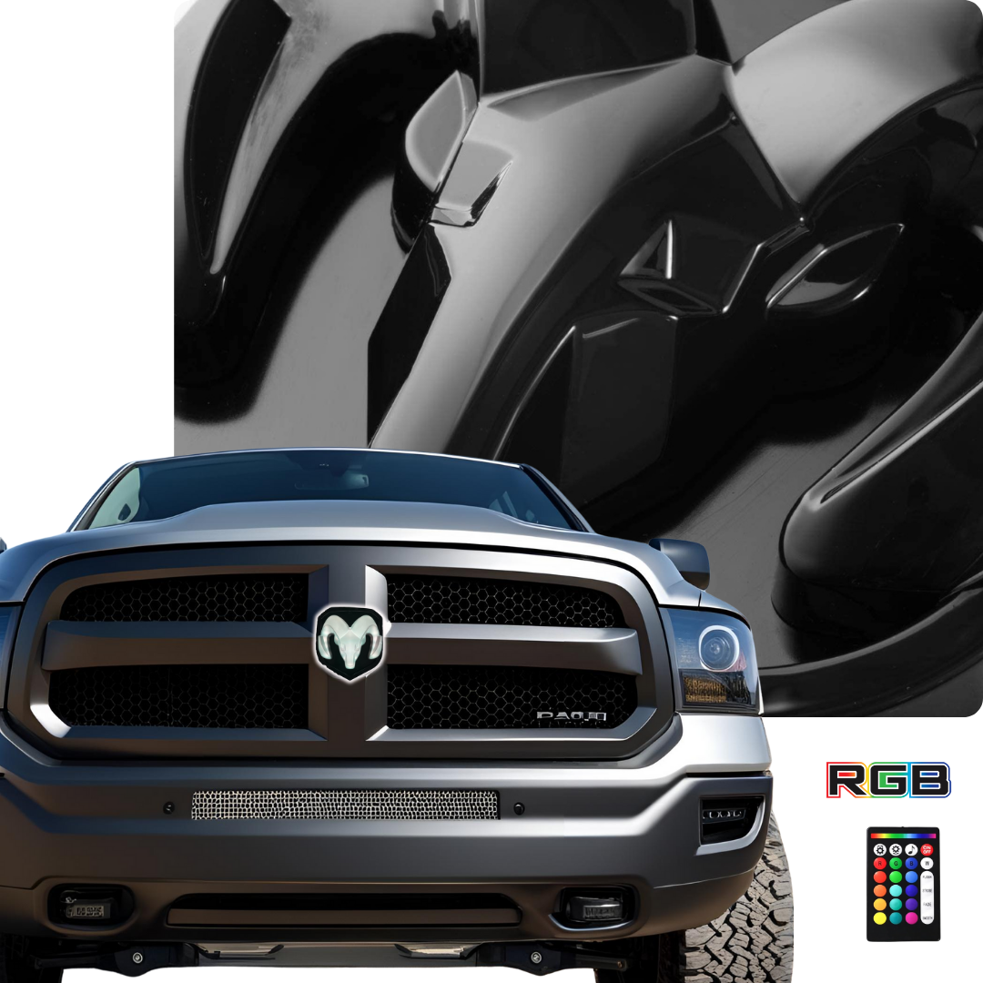 2009–2019 RAM truck with RGB lighted black grille emblem illuminated white, shown with remote and RGB logo on white background with close-up overlay of emblem design