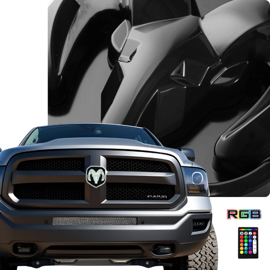 2009–2019 RAM truck with RGB lighted black grille emblem illuminated white, shown with remote and RGB logo on white background with close-up overlay of emblem design