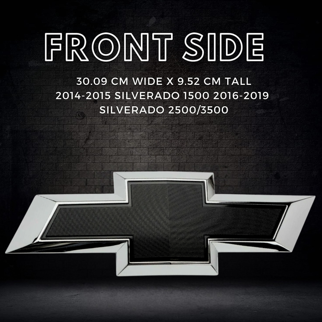 Chevy Silverado RGB LED grille emblem in chrome and black finish shown from the front on dark studio background