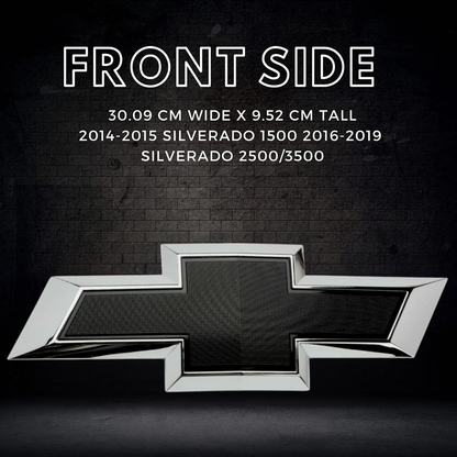 Chevy Silverado RGB LED grille emblem in chrome and black finish shown from the front on dark studio background