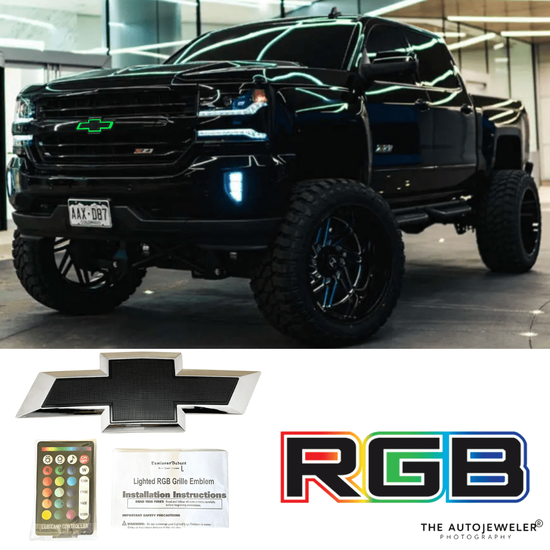 2014 - 2019 Chevy Silverado RGB LED illuminated Grille Emblem – Chrome/Black BowtieLED Illuminated Emblems