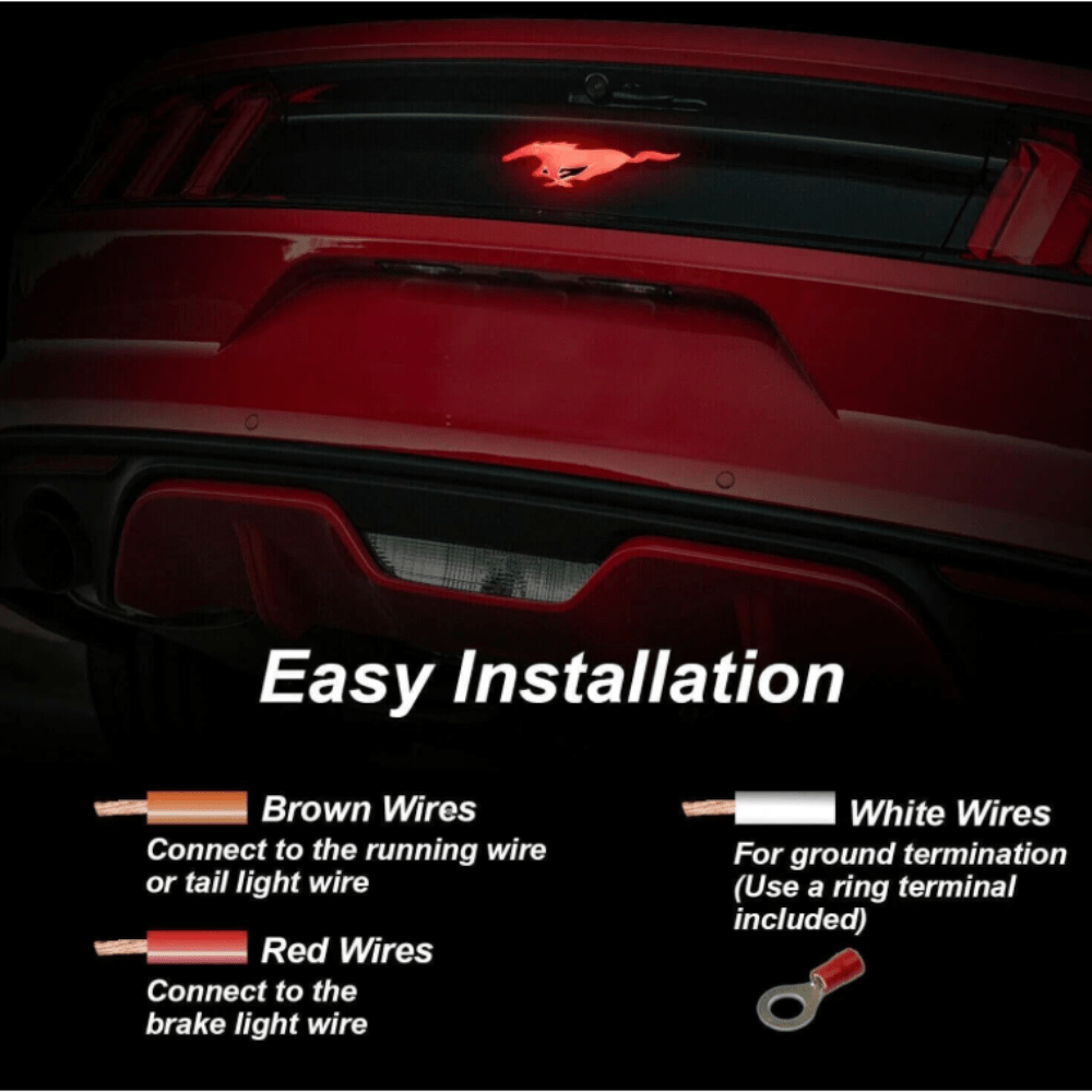 2015 - 2022 Ford Mustang Black LED Tailgate Emblem – Red LED Lighted Pony LogoLED Illuminated Emblems