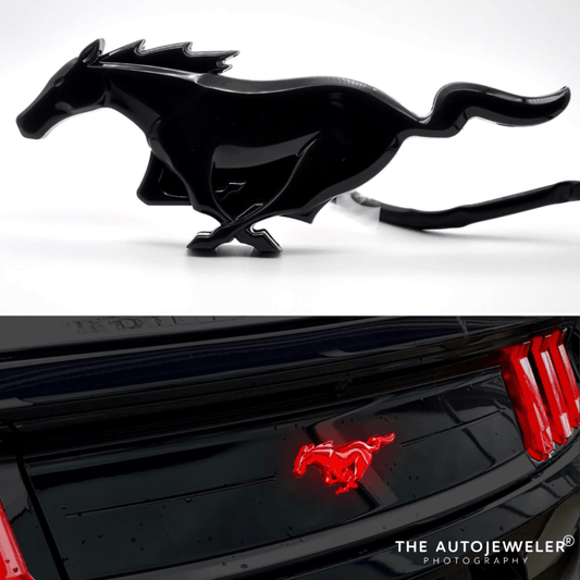 2015 - 2022 Ford Mustang Black LED Tailgate Emblem – Red LED Lighted Pony LogoLED Illuminated Emblems