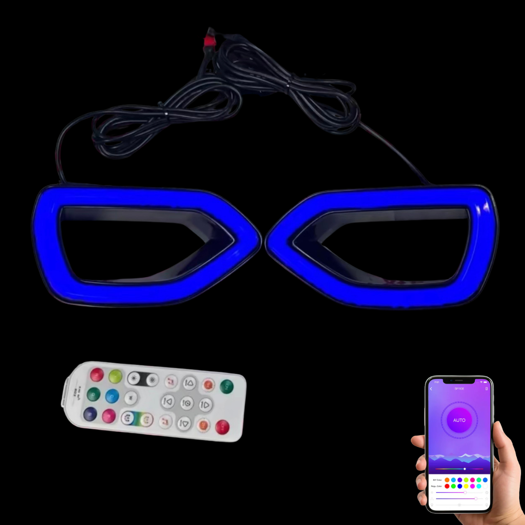 2015-2023 Dodge Charger snorkel grille LED lights illuminated in blue RGB Flow Series mode with remote and smartphone control