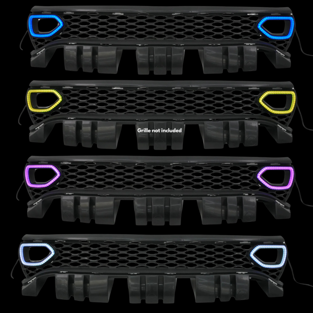 Set of black car grilles with colorful accents on a black background