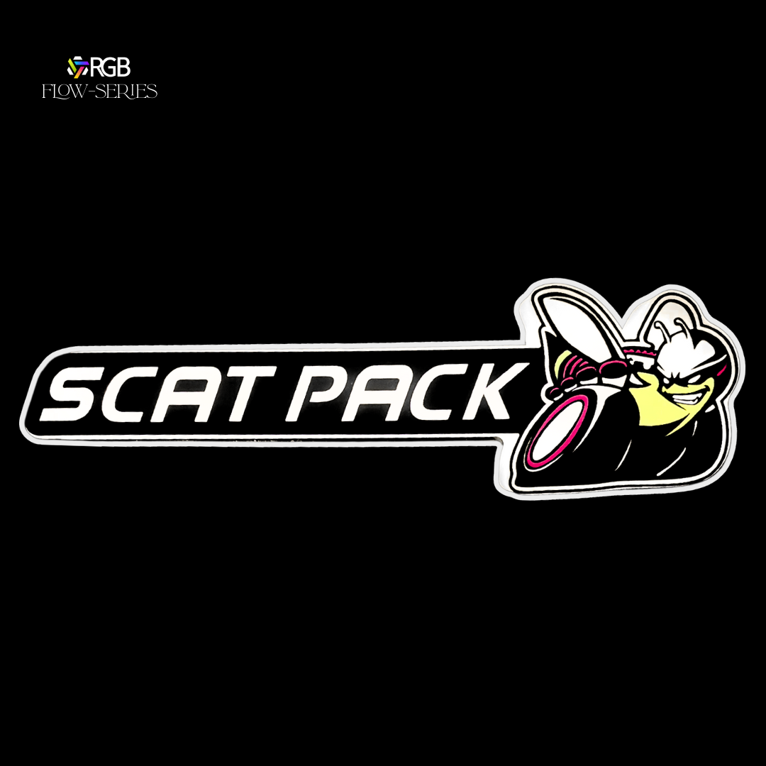 SCAT PACK logo LED grille emblem in color with AutoJeweler branding on a black background