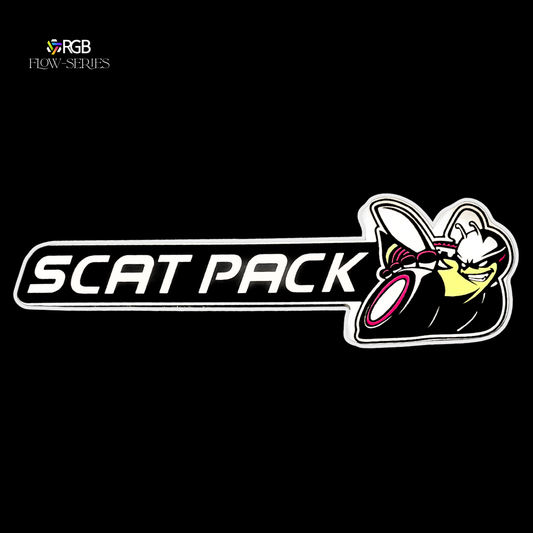 SCAT PACK logo LED grille emblem in color with AutoJeweler branding on a black background