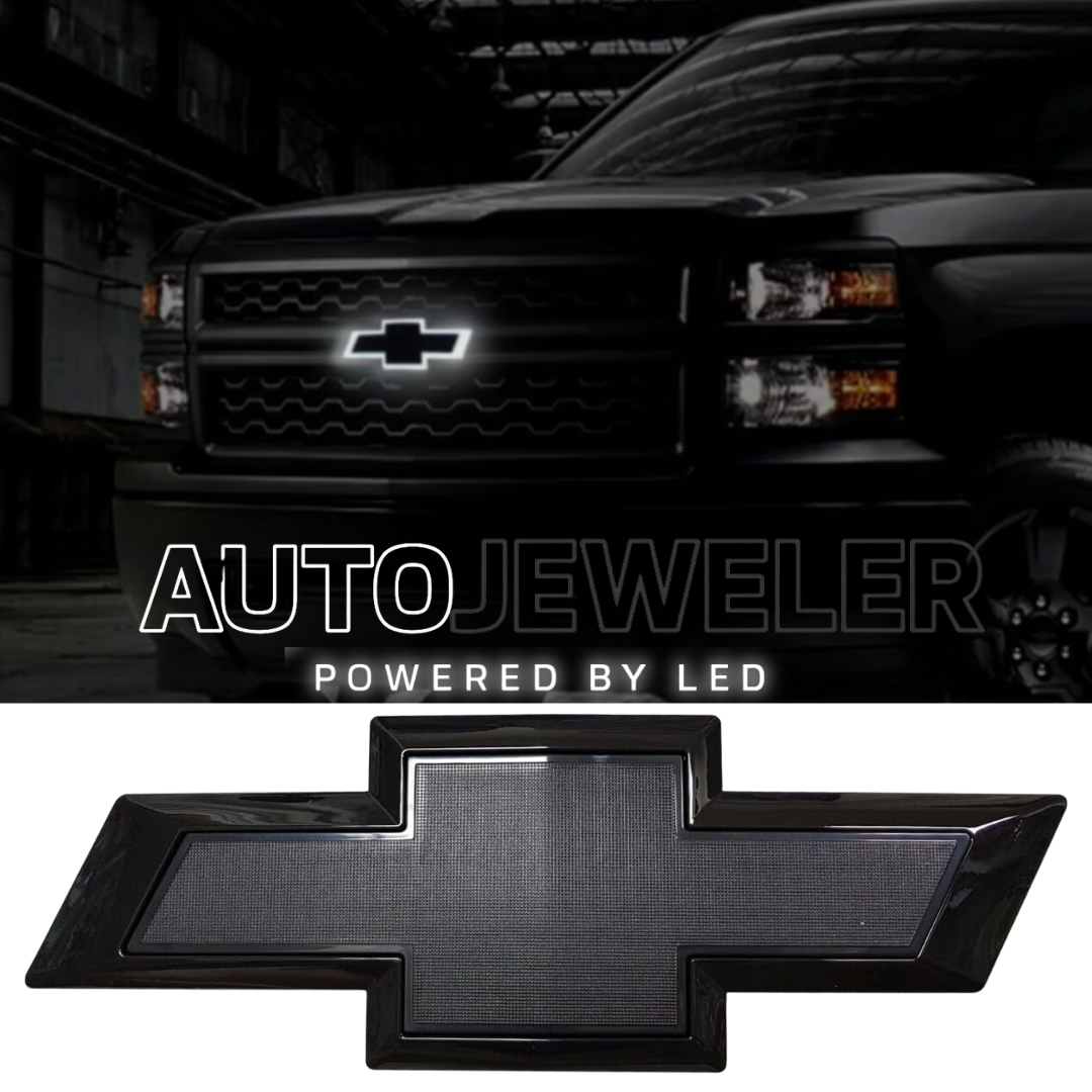 Chevy logo with 'Auto Jeweler' text and 'Powered by LED' on a black background