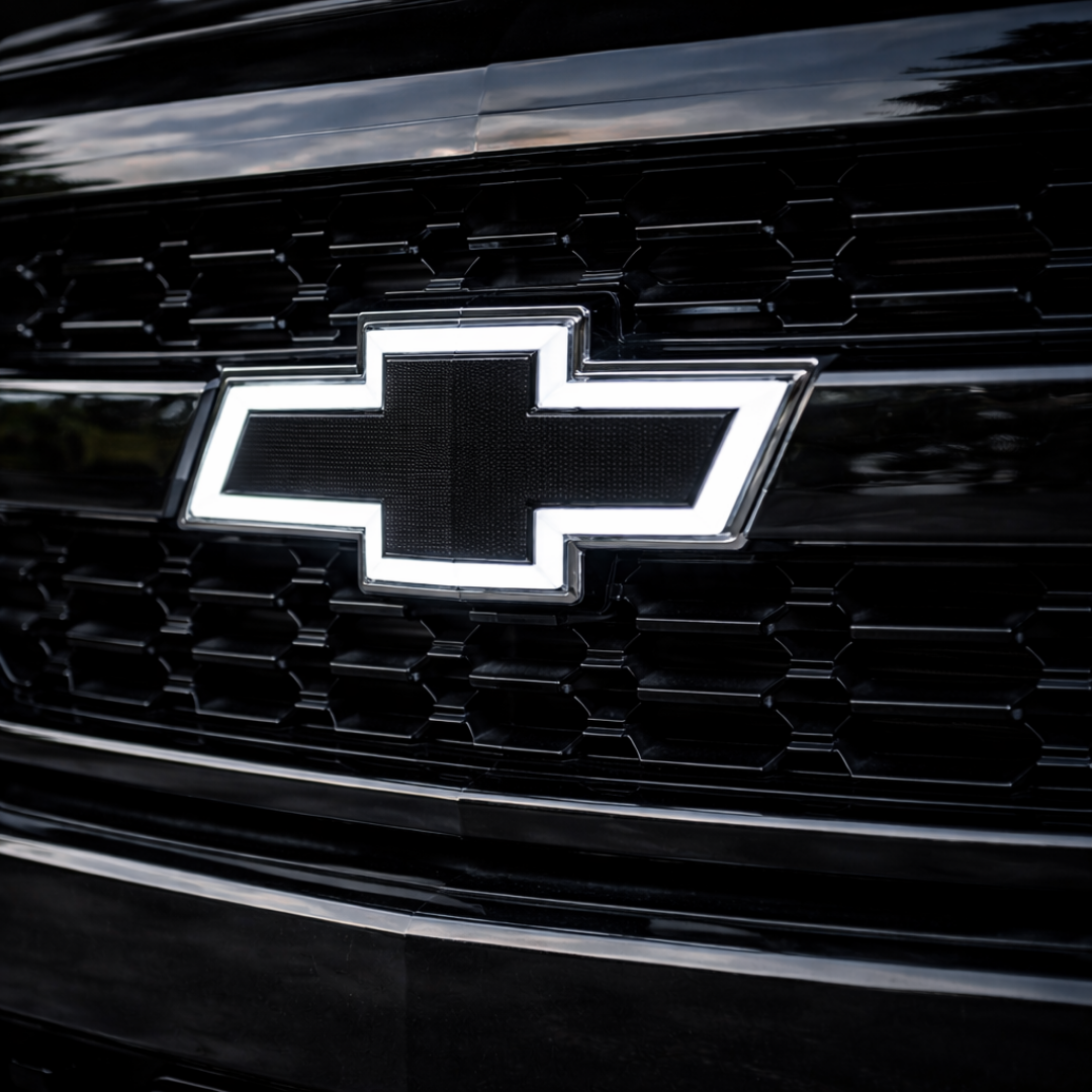 Close-up of an all black LED Chevy bowtie grille emblem with white illumination installed on a 2016–2018 Chevrolet Silverado 1500