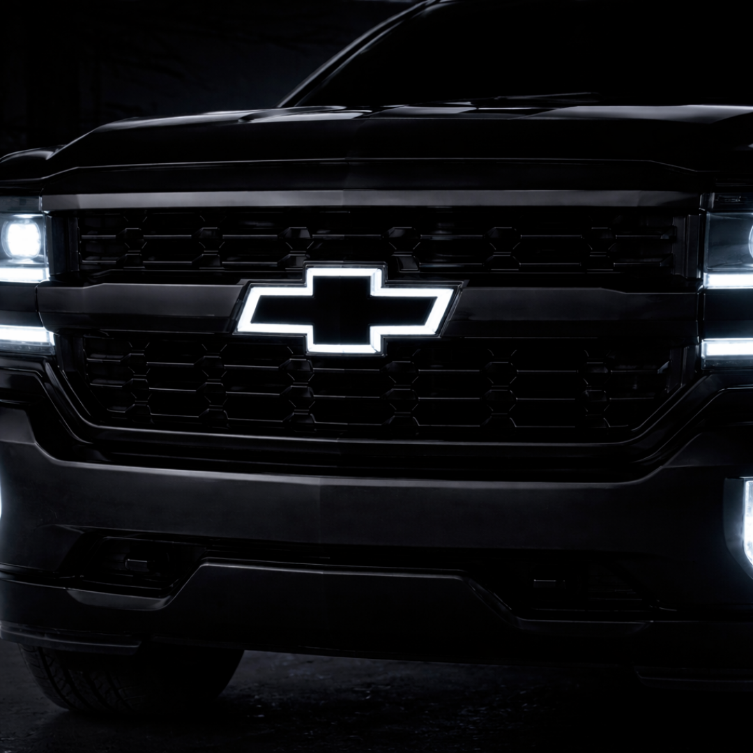 All black LED Chevy bowtie grille emblem with white illumination installed on a 2016–2018 Chevrolet Silverado 1500 with headlights on at night