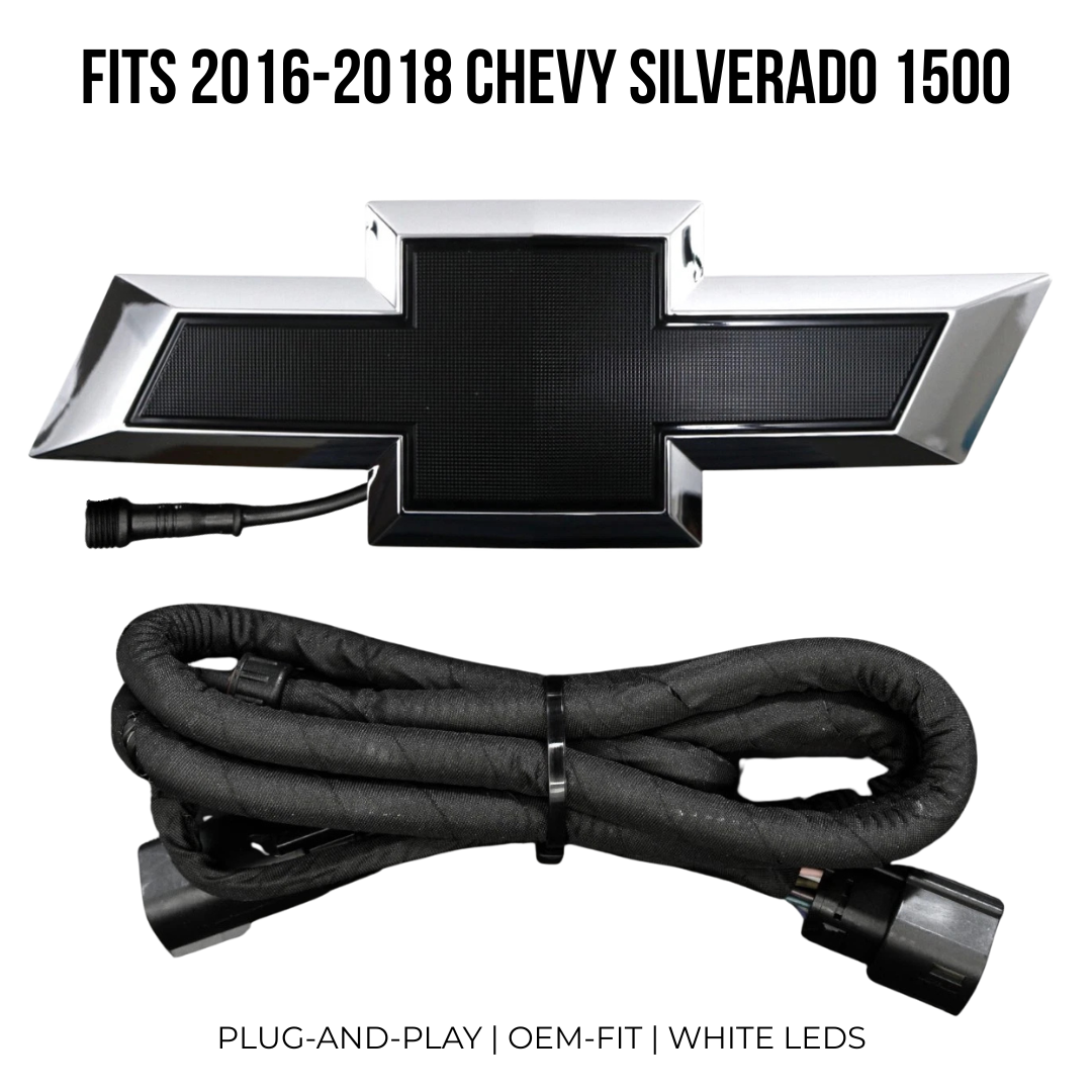 Chrome LED grille bowtie emblem with plug and play wiring harness for 2016–2018 Chevy Silverado 1500
