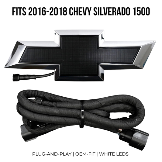 Chrome LED grille bowtie emblem with plug and play wiring harness for 2016–2018 Chevy Silverado 1500
