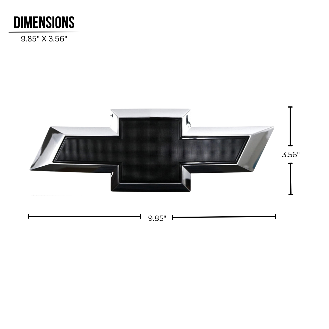 Dimensions diagram of 2016–2018 Chevy Silverado 1500 LED bowtie grille emblem measuring 9.85 by 3.56 inches