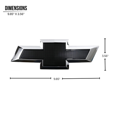 Dimensions diagram of 2016–2018 Chevy Silverado 1500 LED bowtie grille emblem measuring 9.85 by 3.56 inches