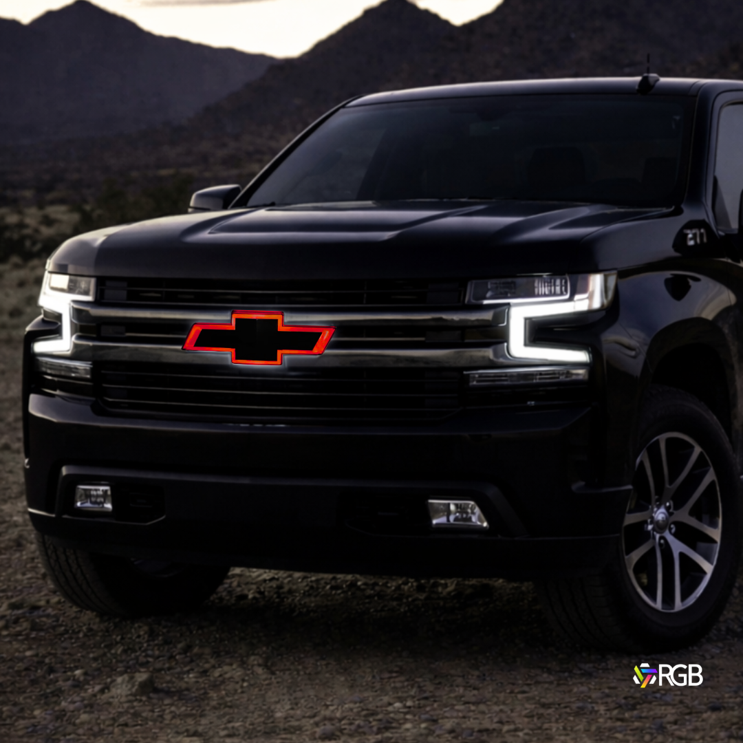 Chevy Silverado 1500 showcasing the RGB emblem glowing red.