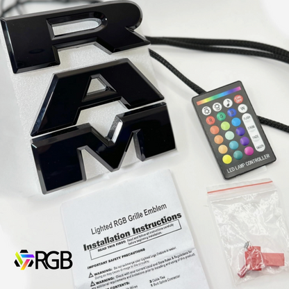 2019-2023 RAM 1500 black RGB LED grille emblem complete kit with remote control, wiring, installation instructions, and connectors – AutoJeweler branding