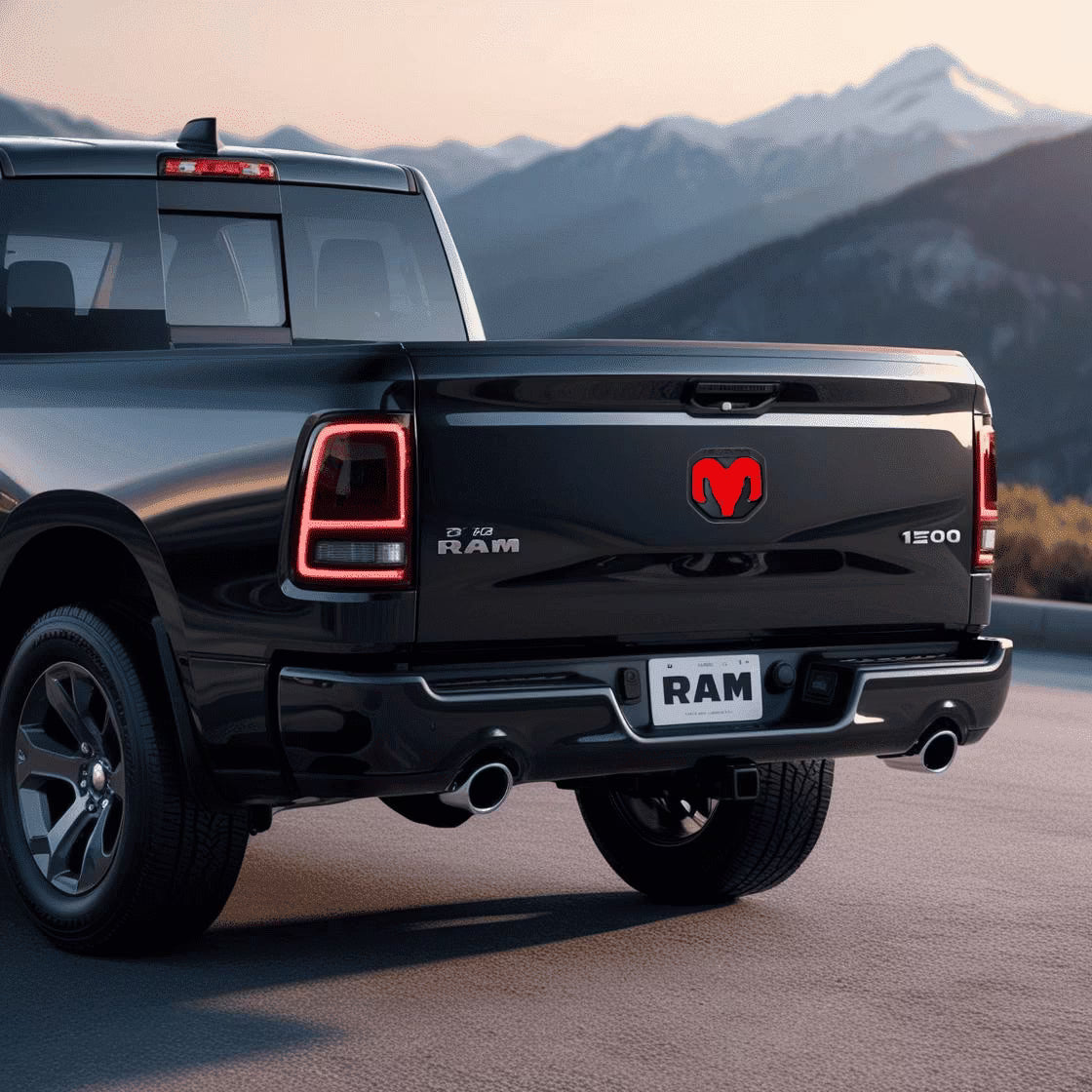 Black Ram truck with mountainous landscape in the background and a dual intensity led RAM tailgate emblem illuminated bright red.