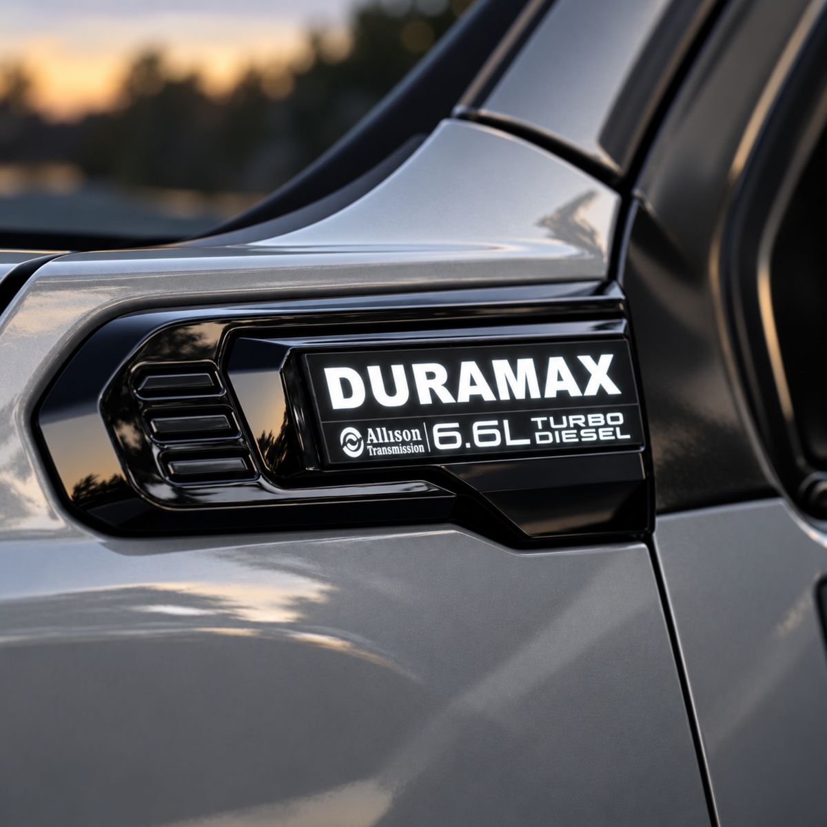 Illuminated white Duramax 6.6L LED fender badge installed on GMC Sierra HD