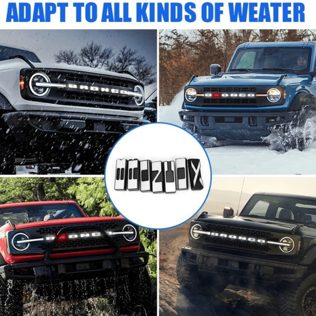 2021–2023 Ford Bronco Front Grille LED Illuminated Emblem Letters – White LEDsLED Illuminated Emblems