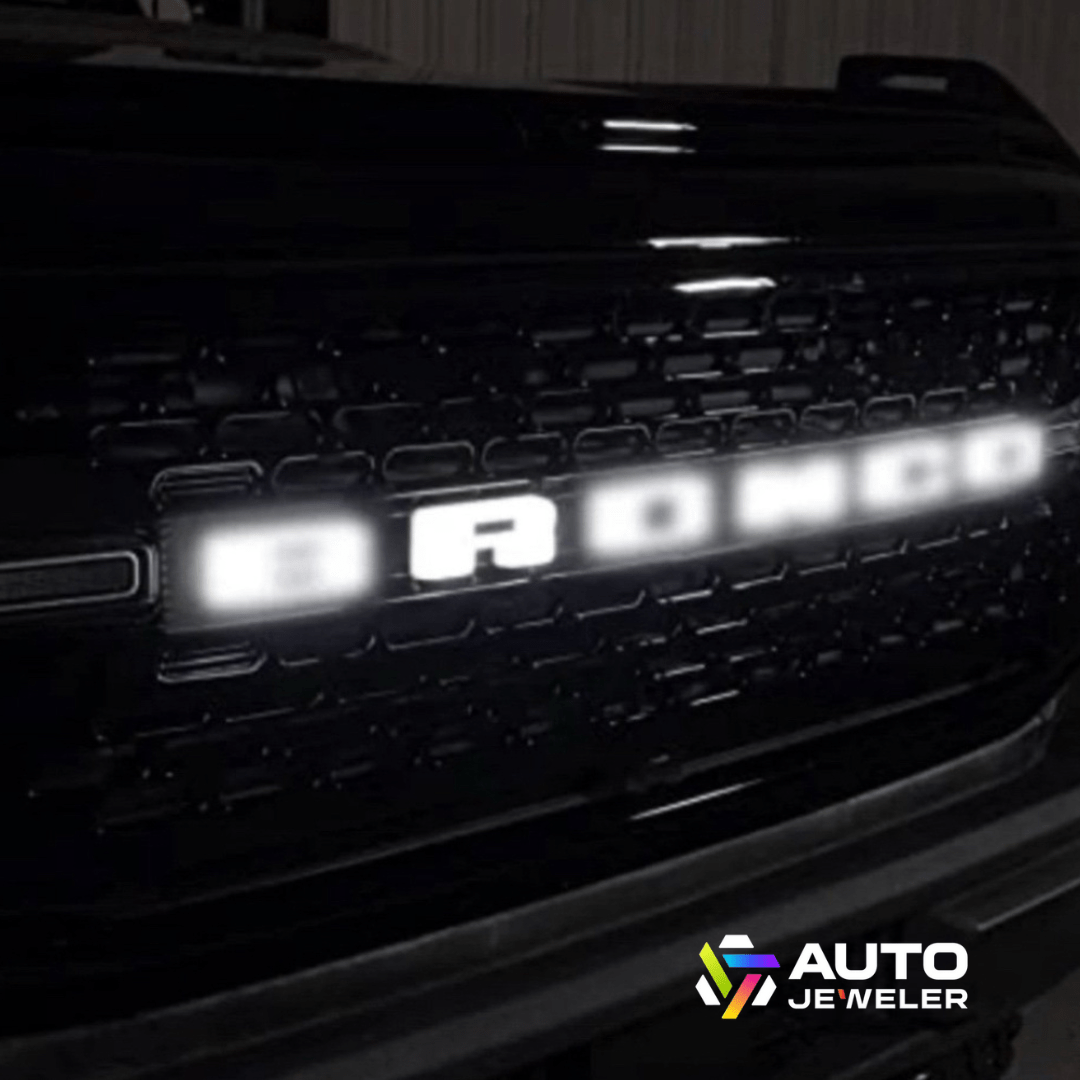2021–2023 Ford Bronco Front Grille LED Illuminated Emblem Letters – White LEDsLED Illuminated Emblems