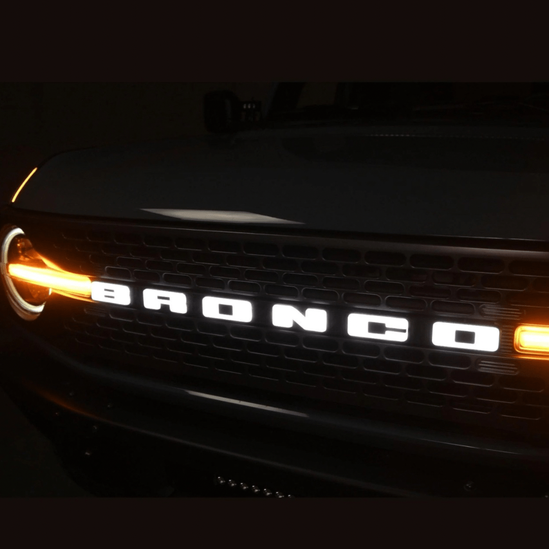2021–2023 Ford Bronco Front Grille LED Illuminated Emblem Letters – White LEDsLED Illuminated Emblems