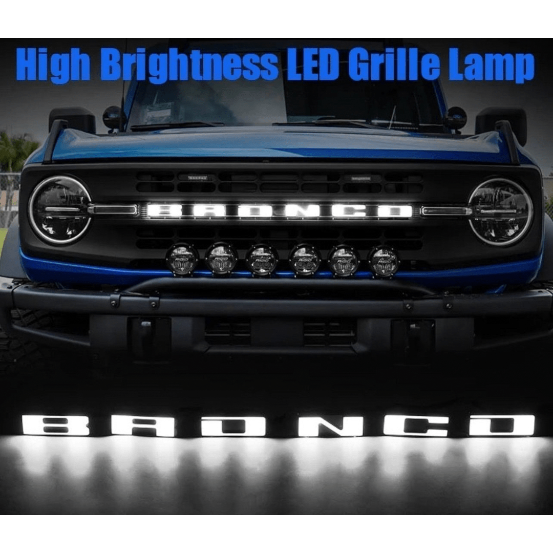 2021–2023 Ford Bronco Front Grille LED Illuminated Emblem Letters – White LEDsLED Illuminated Emblems