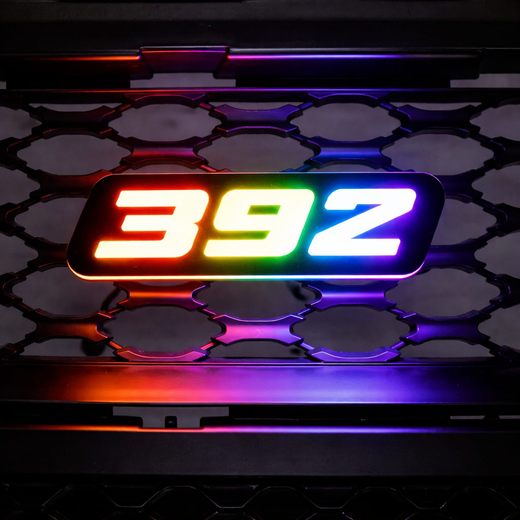 392 Flow Series LED grille emblem RGB rainbow close-up AutoJeweler premium illuminated badge