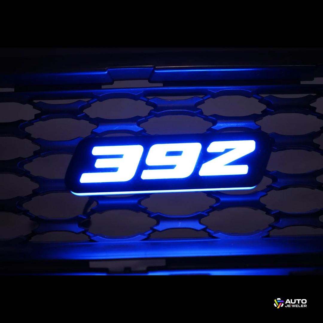 392 LED grille emblem blue illumination close-up AutoJeweler premium lighting