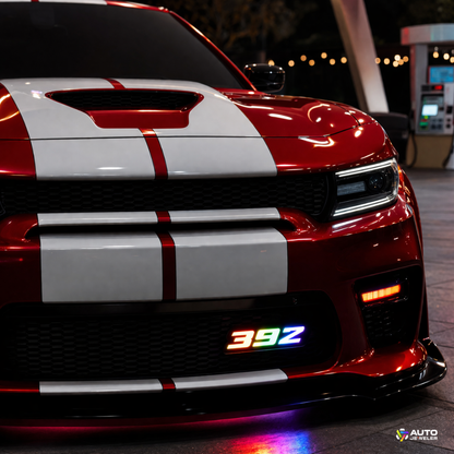 392 Flow Series LED grille emblem RGB rainbow close-up AutoJeweler premium illuminated badge